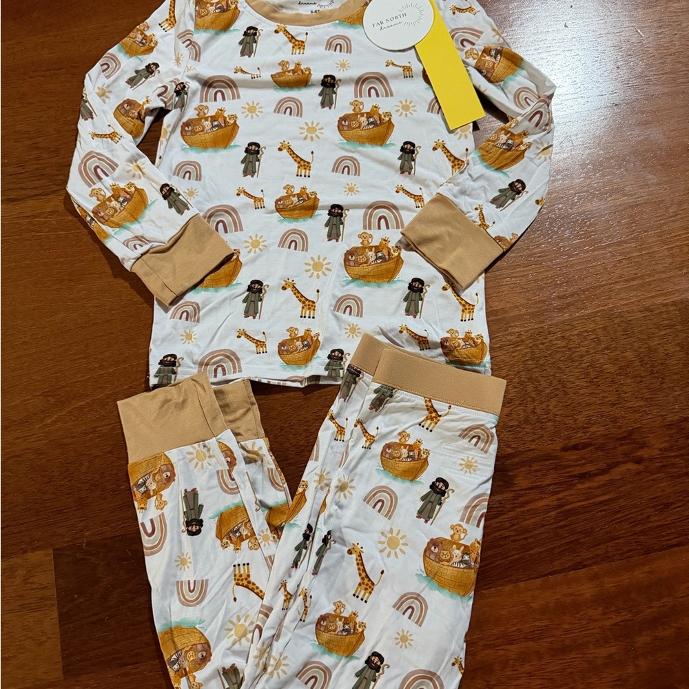 Noah's Ark Kids Bamboo Pajama Set - White and Tan